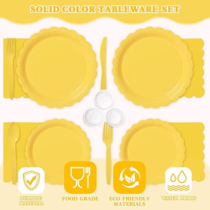 Vyntra 350 PCS Disposable Plates for Party, Paper Plates & Napkins Set with Cups, Knives, Forks, Spoons, 7'' Dessert and 9'' Dinner Plates for Birthday, Picnic, BBQ - Yellow