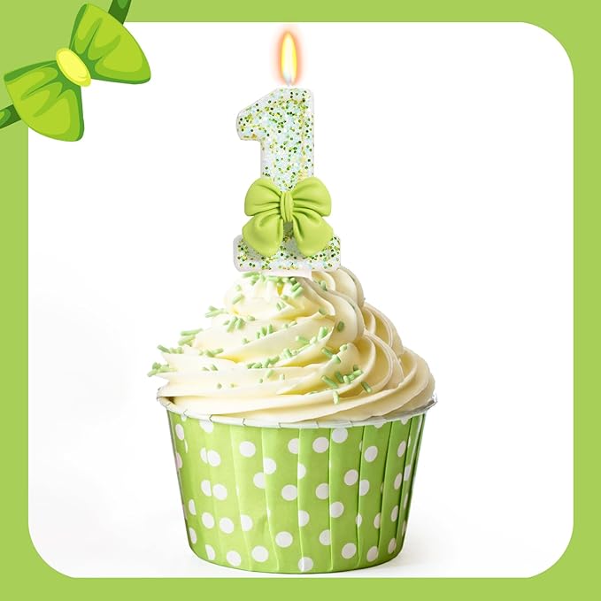 Birthday Candle for Cake, Green Bow Number Cake Candles, 2.76 inch Cake Topper Decoration for Birthday Party (Number 1)