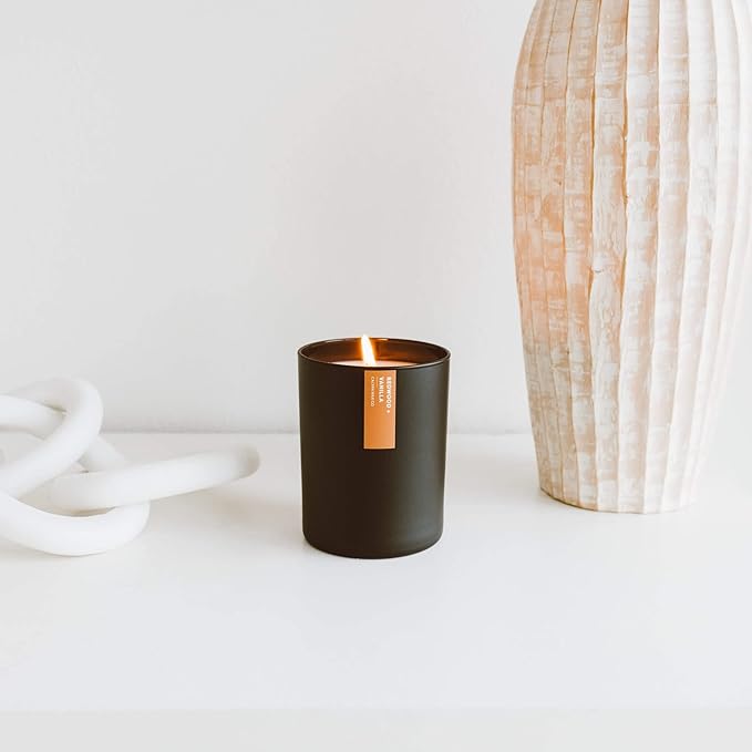 Calyan Wax Co. Redwood & Vanilla Scented Candle - 75 Hour Burn - Luxury Non Toxic Soy Wax Candles - Long Lasting Black Tumbler Jar Candle for Home - 10.2oz