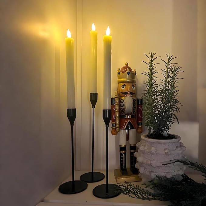 Lezonic Ivory Flameless Taper Candles Battery Operated with Remote, Long LED Candlesticks Flickering Real Wax Set of 6, 9.5 inch Battery Candles with Realistic 3D Flame