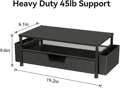 Desk Organizer and Accessories, 2-Tier Computer Monitor Stand Rise with Storage Drawer & 2 Pen Holders, Laptop & Printer Stand for Desktop, Workspace Organizers for Office Supplies (Black)