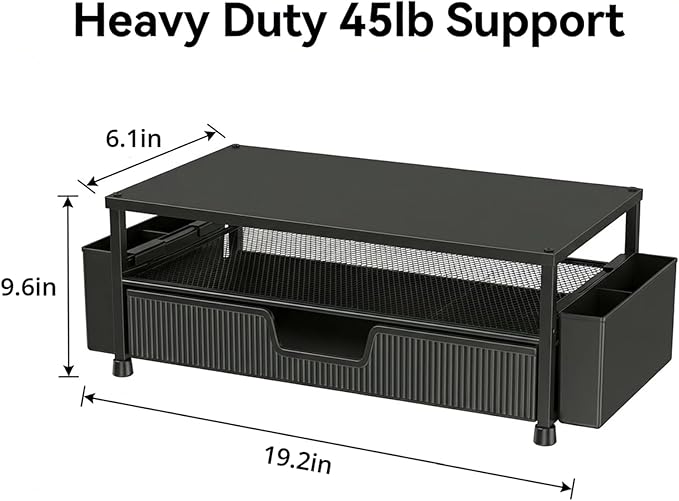 Desk Organizer and Accessories, 2-Tier Computer Monitor Stand Rise with Storage Drawer & 2 Pen Holders, Laptop & Printer Stand for Desktop, Workspace Organizers for Office Supplies (Black 2-Pack))