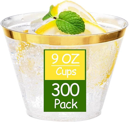 Ciaell 300PCS Gold Plastic Cups - 9Oz Heavy Duty Plastic Cups - Gold Rimmed Disposable Cup - Disposable Clear Wine Cup with Gold Rim for Party & Wedding & Thanksgiving