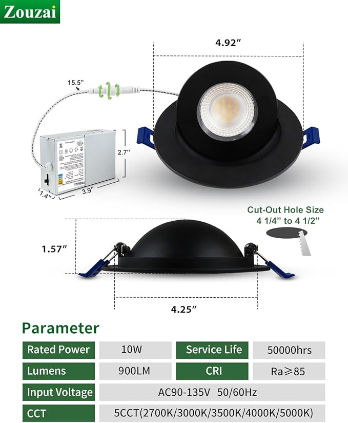 zouzai Classic 4 inch 5CCT Gimbal LED Recessed Light, 360°+90° Adjustable Directional Retrofit Eyeball Can Light with J-Box, Dimmable 2700K/3000K/3500K/4000K/5000K, ETL Certified (Black,6 Pack)