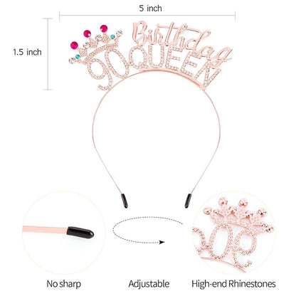 VELSCRUN 90th Birthday Queen Headband, Tiara Crown for Women, 90th Birthday Decorations for Her, Birth Queen Tiaras Crowns Sash for Women Mom Birth Party Decoration Hair Accessories Rose Gold
