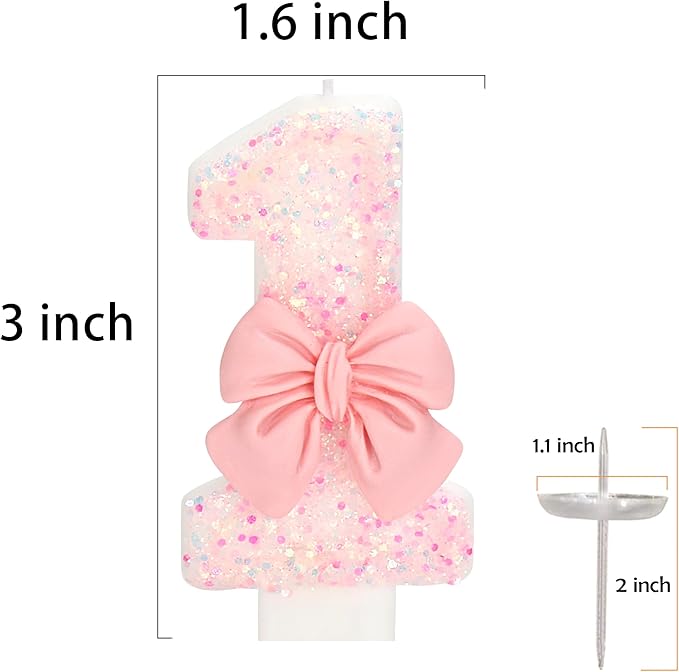 Birthday Candle for Cake, 1 Candle - Pink Glitter with Bowknot, 2.76 inch Happy Birthday Candle, Cake Topper Decoration for 1 Year Old Birthday Party (Number 1)