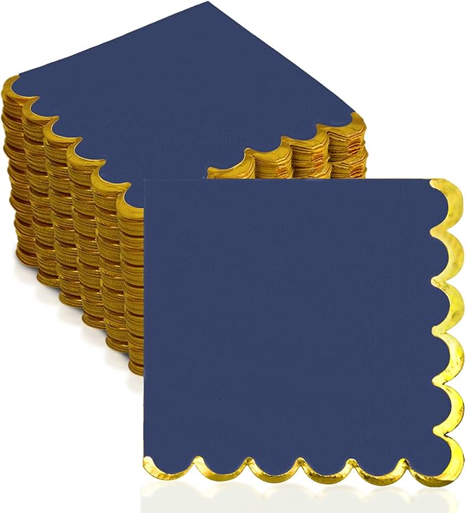200 Pack Navy Blue and Gold Paper Napkins Scalloped Cocktail Napkins Blue Disposable Beverage Napkins for Birthday Baby Shower Wedding Party Supplies Dinnerware Tableware Decorations