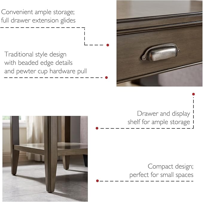 Leick Home Laurent End Table, Solid Wood, with Shelf and Drawer, Smoke Gray, 10507-GR
