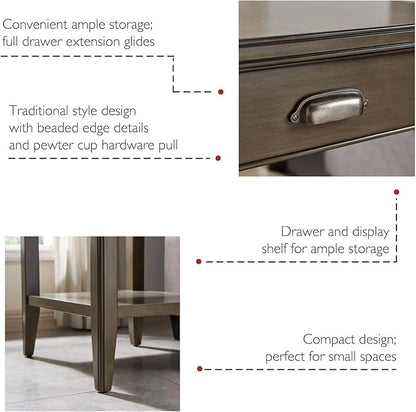 Leick Home Laurent End Table, Solid Wood, with Shelf and Drawer, Smoke Gray, 10507-GR