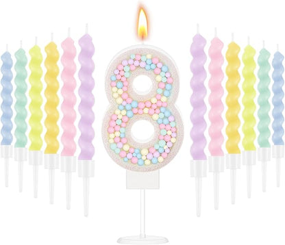 MTLEE Number 8 Birthday Candle with 12 Pcs Spiral Candles for Girls Macaron Pastel Rainbow Unicorn Pink Cake Topper for Sweet Theme Party Decoration