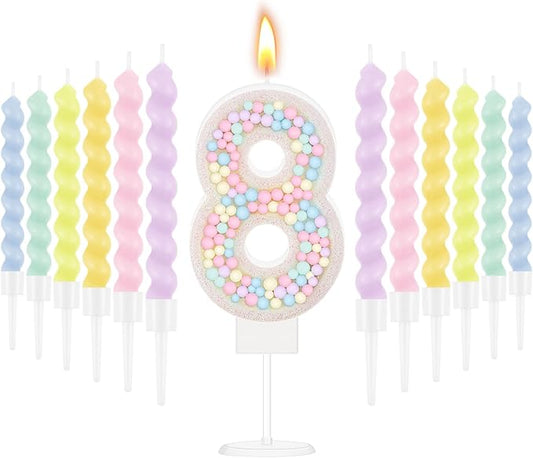 MTLEE Number 8 Birthday Candle with 12 Pcs Spiral Candles for Girls Macaron Pastel Rainbow Unicorn Pink Cake Topper for Sweet Theme Party Decoration