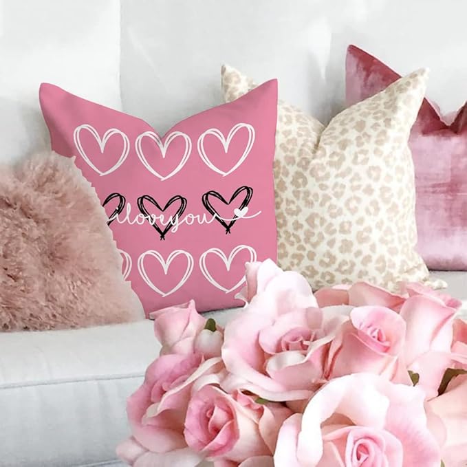 GEEORY Valentines Day Pillow Covers 18x18 Set of 4 Love Heart Valentines Pillows Decorative Throw Pillows Cushion Cases Valentine Decorations Valentines Day Deocr Pink