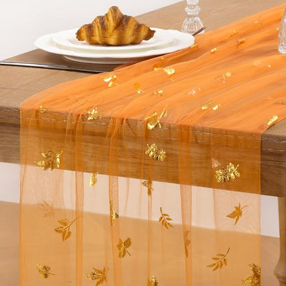 Maple Gold Table Runner for Thanksgiving 3 Pack Sheer Gauze Cheesecloth 120 Inch with Glitter Harvest Table Decor for Family Feasts Dining Room Home Celebration - Orange