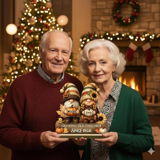 Personalized Gnome Couple Figurine, Growing Old Together Since 1958, Custom Autumn Decoration, Unique Fall Holiday for Couple, Engraved Family Ornament for Parents and Grandparents
