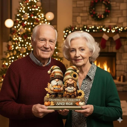 Personalized Gnome Couple Figurine, Growing Old Together Since 1958, Custom Autumn Decoration, Unique Fall Holiday for Couple, Engraved Family Ornament for Parents and Grandparents