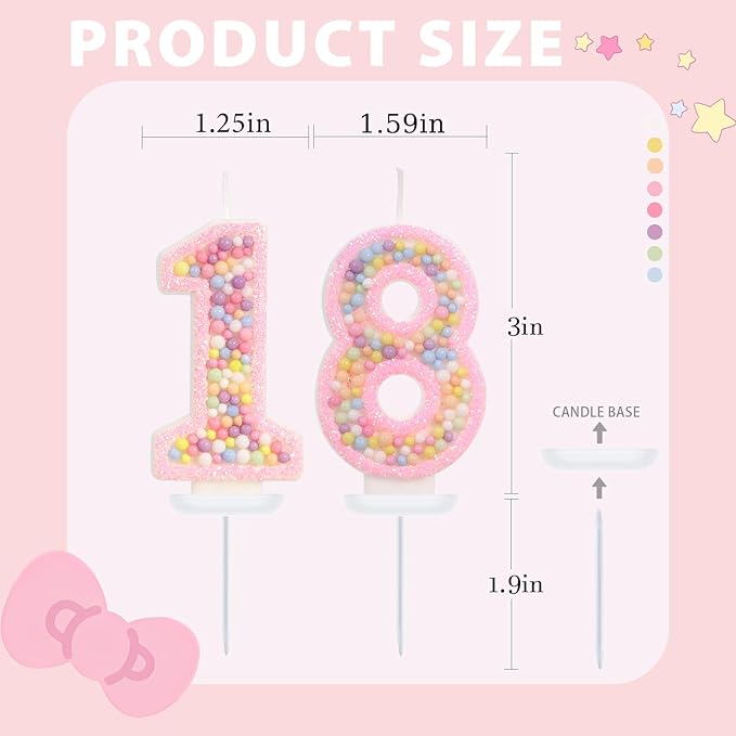 Birthday Candles - Number 18 Candle, Colorful Macaron Candles, 18 Year Old Birthday Decorations, Cake Decorations, Sweet Theme Party Supplies (Pink)