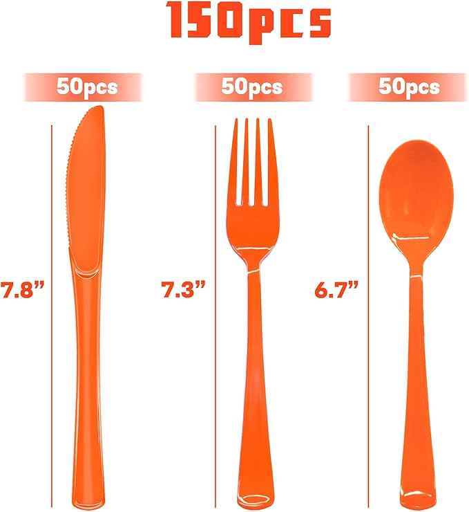 150 Pack Orange Plastic Silverware, Orange Plastic Cutlery Disposable Includes 50 Forks, 50 Spoons, 50 Knives for Birthday, Fall Party, Halloween, Thanksgiving
