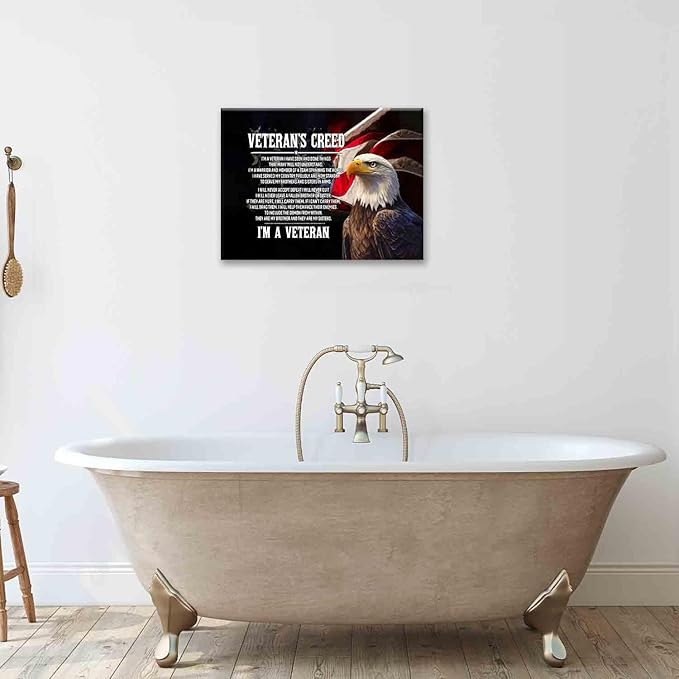Veteran Wall Art Patriotic Pictures Wall Decor Military Canvas Prints Veterans Day Decorations Painting Framed Bald Eagle Artwork Office Home Man Cave Decor For Bathroom Bedroom Living Room 16"x12"