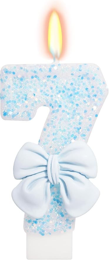 Birthday Candle for Cake, Blue Bow Number Candles, 2.76 inch Number, Cake Topper Decoration for Birthday Party (Number 7)