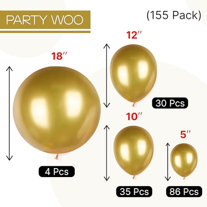 PartyWoo Gold Balloons 155pcs Different Sizes of 18 12 10 5 Inch Gold Balloon Arch Kit Garland for Birthday Wedding Anniversary Baby Shower Graduation Retirement Casino Party Decorations Gold-G101