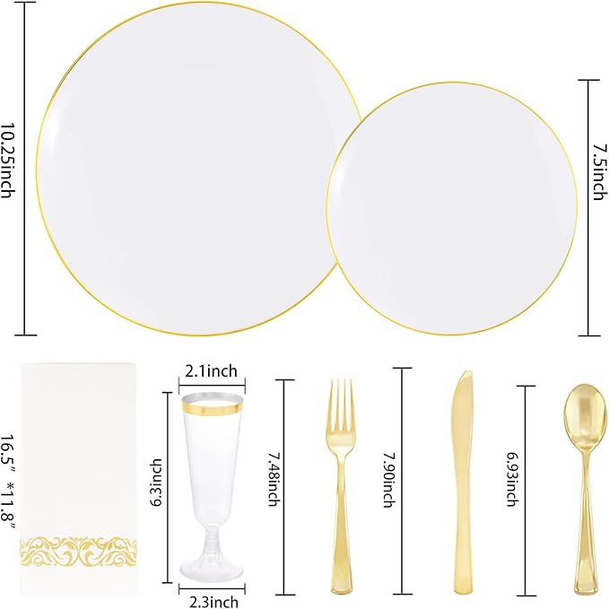 Liacere 175PCS White and Gold Plastic Plates - Gold Plate Include 50Plastic Plates, 25Forks, 25Spoons, 25Knives, 25Napkins, 25Champagne Flutes Plastic for Party & Wedding & Christmas & New Year