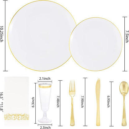 Liacere 175PCS White and Gold Plastic Plates - Gold Plate Include 50Plastic Plates, 25Forks, 25Spoons, 25Knives, 25Napkins, 25Champagne Flutes Plastic for Party & Wedding & Christmas & New Year