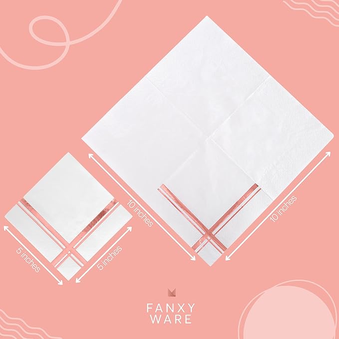 Rose Gold on White Cocktail Napkins - 100 Pack, 5" x 5", 3-Ply Paper - Style Name: Blissful Crossing