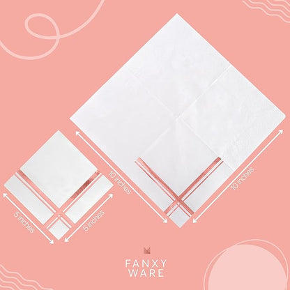 Rose Gold on White Cocktail Napkins - 100 Pack, 5" x 5", 3-Ply Paper - Style Name: Blissful Crossing