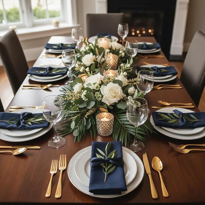D'Moksha Homes Navy Blue Linen Napkins 18 x 18 Inch - 100% Pure Linen Cloth Washable Dinner Napkins Set of 4 for Winter, Christmas, Holiday
