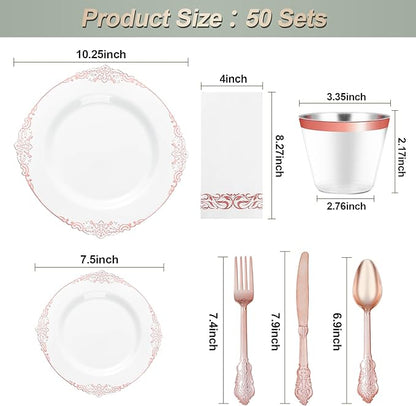 350PCS Rose Gold Plastic Plates for 50 Guests, Disposable Dinnerware Set Includes 100 Disposable Plates, 150 Rose Silverware, 50 Cups, 50 Napkins for Party, Wedding