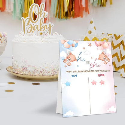 LNOKRIM Gender Reveal Party Games, Bear Theme Baby Gender Reveal Voting Board Sign, 54 Boy Girl Voting Stickers, He or She, Gender Reveal Party Centerpiece Decorations (12x17)