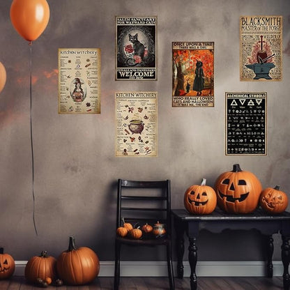 PAIION Black Witch Cat Sign Once Upon A Time There was A Girl Who Really Loved Cats Halloween Vintage Metal Signs Bathroom Bedroom Wall Decoration Man Cave 8x12 inches