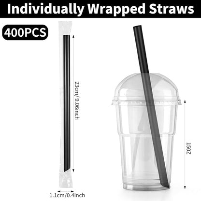 400 Pcs Black Boba Straws Jumbo Smoothie Straws,Individually Wrapped Disposable Plastic Large Wide-mouthed Milkshake Drinking Straws(0.43" Wide X 9.06" Long)