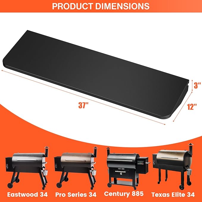 QuliMetal BAC363 Grill Folding Shelf for Traeger Pro 34 Series, Texas Elite 34, Century 885 and Eastwood 34 Series Pellet Grills, Ideal for Food Prep and Storage, 37" x 12"