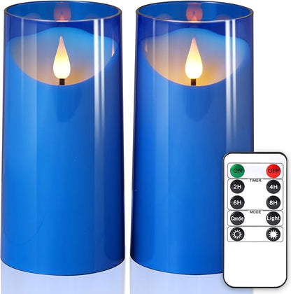 NURADA 3"x6"Flickering Flameless Candles: 3D Wick Acrylic Battery Operated LED Pillar Battery Candles with Remote and Timer for Decoration Wedding Party - 2 Pack Blue