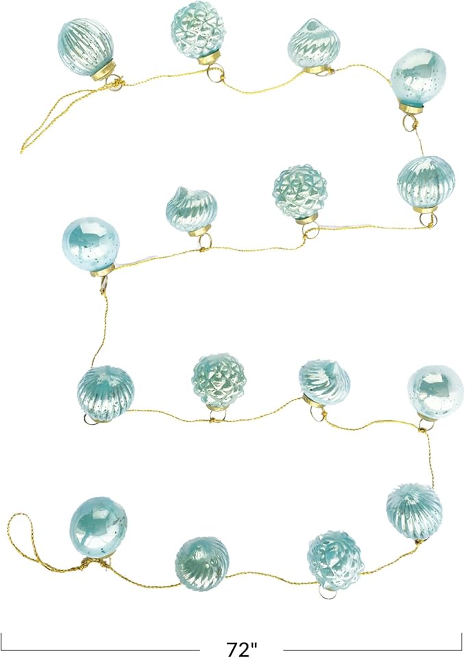 Creative Co-Op Embossed Mercury Glass Ornament Garland with Gold Cord, Blue