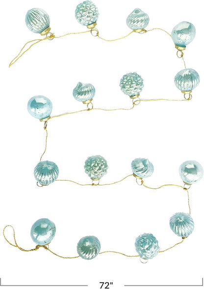 Creative Co-Op Embossed Mercury Glass Ornament Garland with Gold Cord, Blue