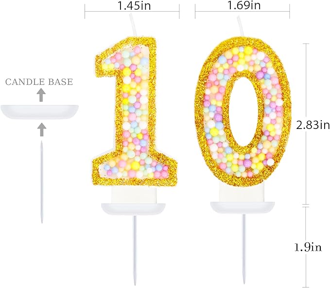 10th Birthday Candle for Cake, Colorful Macaron Numeral Candles for Boys/Girls, Birthday Party Cake Decorations, Golden Cake Topper for Birthday Party Supplies (Number 10)