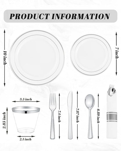 175PCS Sliver Plastic Plates - Christmas Plates Disposable - White Plate with Silver Trim 25Guests Plastic Dinnerware Sets with Rolled Napkins for Wedding/Birthday/Christmas
