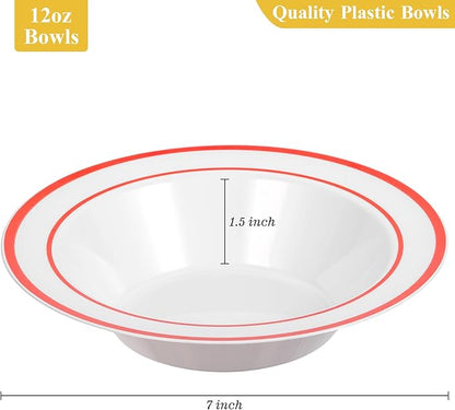 Goodluck 100 Pack Plastic Bowls with Red Rim, 12oz Disposable Soup Bowls, Heavy Duty Dessert Bowls for Weddings, Parties, Christmas Dinners, Catering, Thanksgiving and Everyday Use