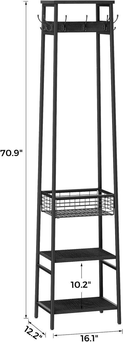 Coat Rack Freestanding, Coat Stand with Metal Basket and Storage Shelves, Hall Tree Free Standing With and 7 Hooks, Clothes Rack Stand Organizer, Black