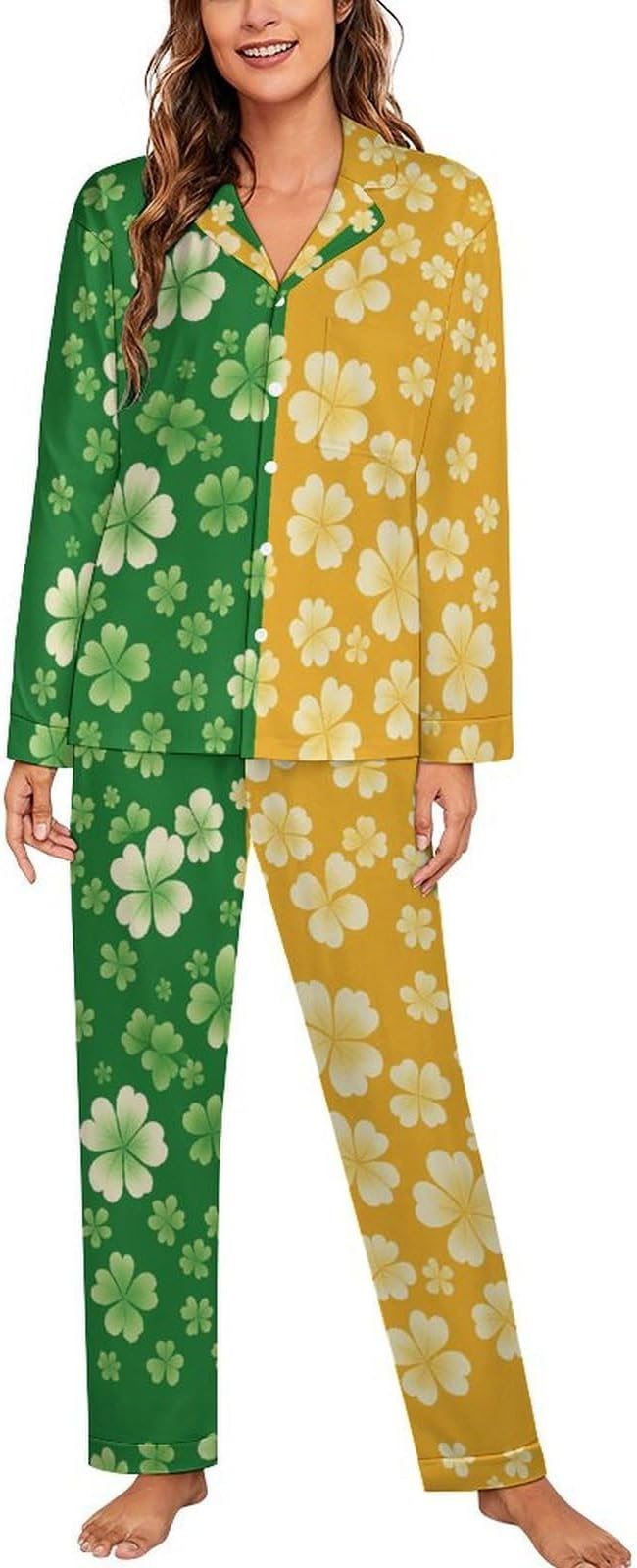 Lemons Leaves Ceramic Style Womens Pajama Set Long Sleeve Pajamas Top And Pants Soft Loungewear Pjs Sets