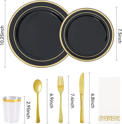 350 Pieces Black & Gold Disposable Plates for 50 Guests, Disposable Plastic Plates, Dinnerware Set of 50 Dinner Plates, 50 Salad Plates,50 Cups and 50 Paper Napkins, for Party, Wedding