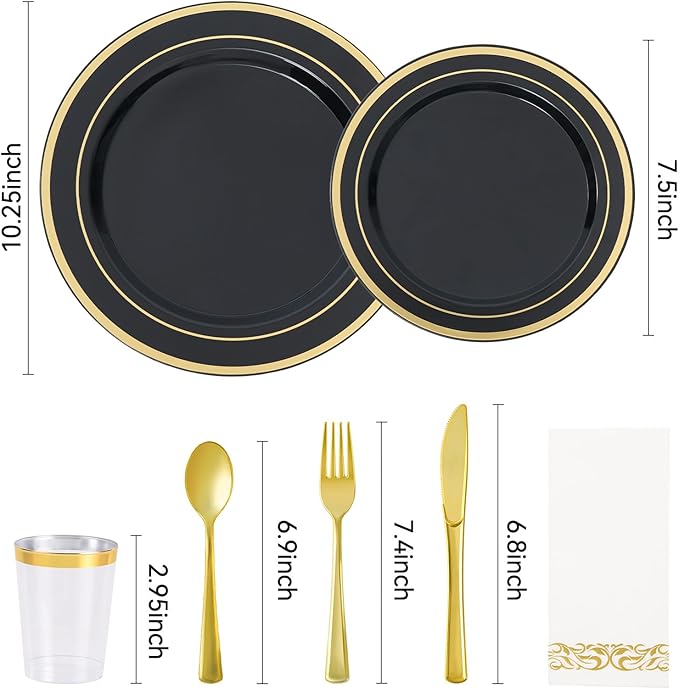 175 Pcs Black Gold Disposable Plates for 25 Guests, Disposable Plastic Plates, Dinnerware Set Include 25 Dinner Plates, 25 Salad Plates,25 Cups, 25 Paper Napkins for Party, Wedding