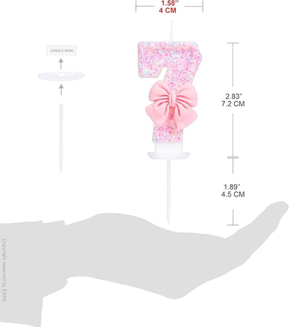 Number 7 Birthday Candle with Pink Sequins and Bowtie, Pink 7 Cake Topper Decoration for Girls Pastel Sweet Theme Birthday Party or Adults Milestone Age 7