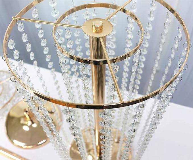 2Pcs 27.5inch Tall Crystal Gold Vases Wedding Flowers Stand, Elegant Wedding Decor Centerpiece Road Leads with Chandelier Acrylic Crystal Weddings Decoration Centerpiece Stands
