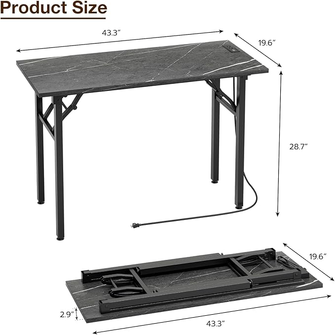 TEMI Small Computer Desk Folding Table - No Assembly, Compact 43.3" Foldable Desk with Power Outlets & USB Charging Port, Portable Small Office Desk, Ideal Mini Study Table, Marble Greige