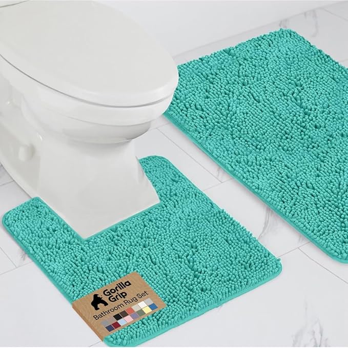 GORILLA GRIP Bathroom Rug Sets, Soft Chenille 2 Piece Area Rugs Set, Toilet Base Mat and 30x20 Carpet, Absorbent Microfiber Washable Mats Dry Quickly, Home Décor and Bath Room Accessories, Turquoise