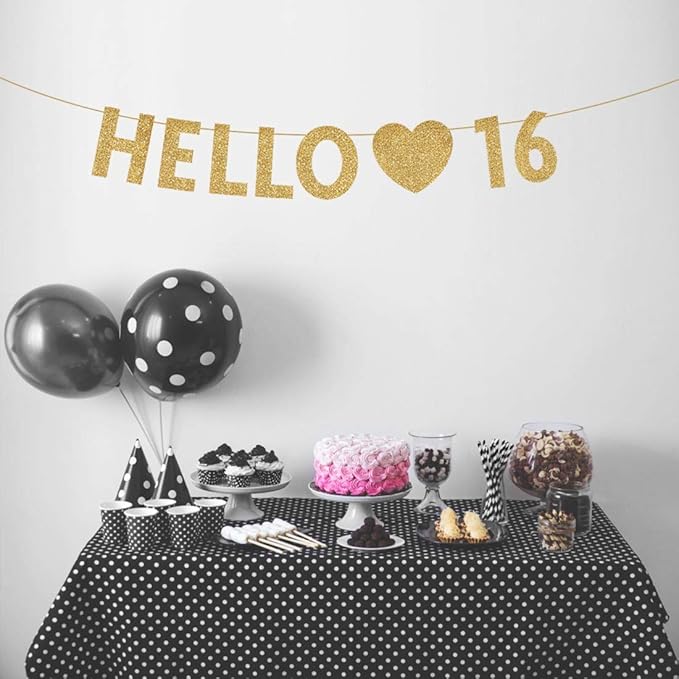 Gold Hello 16 Birthday Banner, Gold Glitter Happy 16th Birthday Party Decorations, Supplies