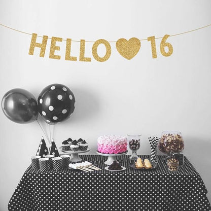 Gold Hello 16 Birthday Banner, Gold Glitter Happy 16th Birthday Party Decorations, Supplies